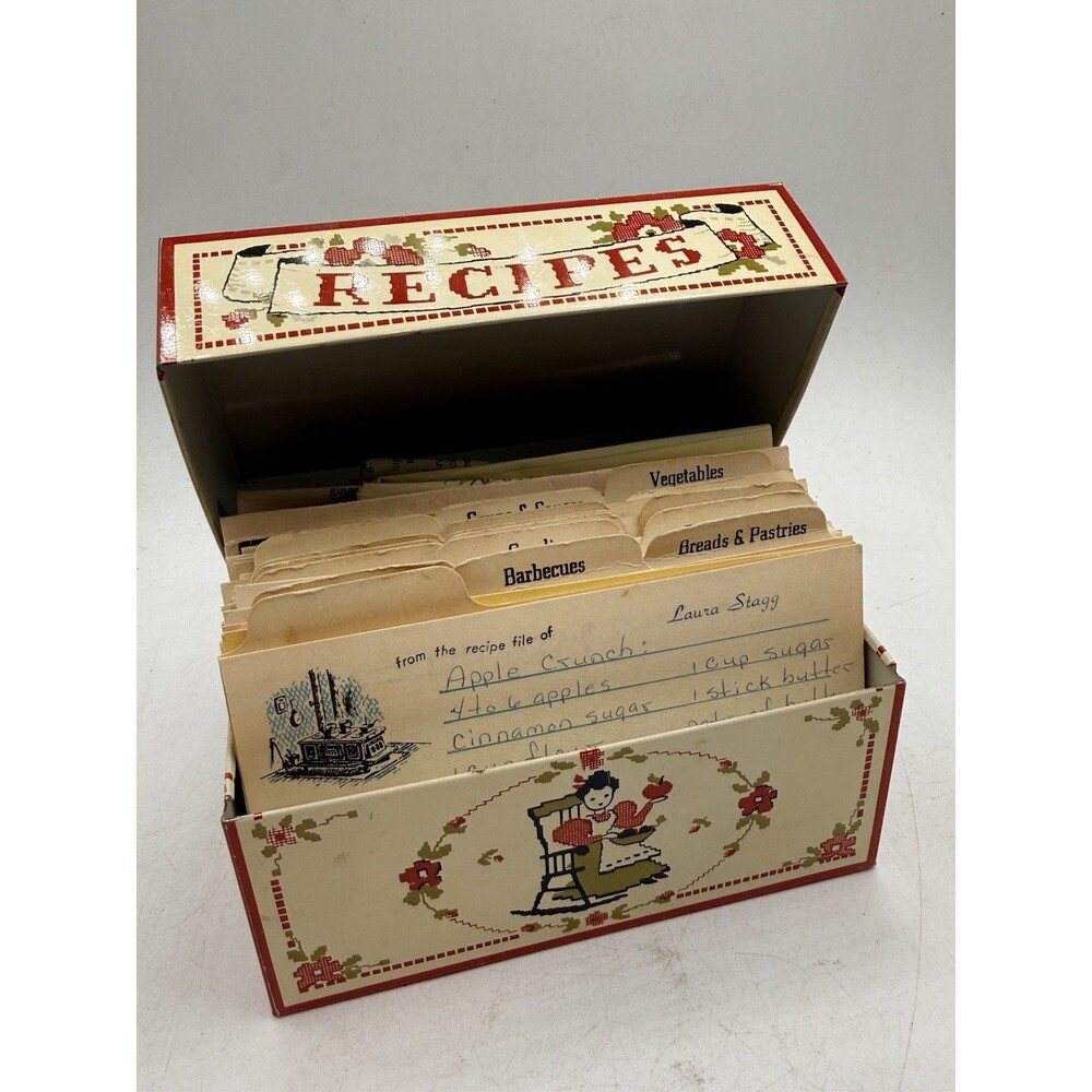 Vintage Stylecraft 815 Metal Recipe Box w/ Recipes Grandmacore Lady Chair Apple